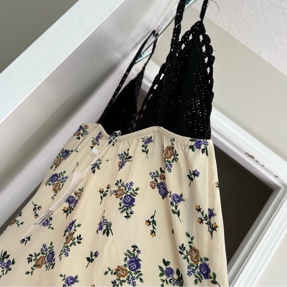 Zara Floral Satin Printed Crochet Cream Maxi Tank Dress Prairiecore - Picture 5 of 11